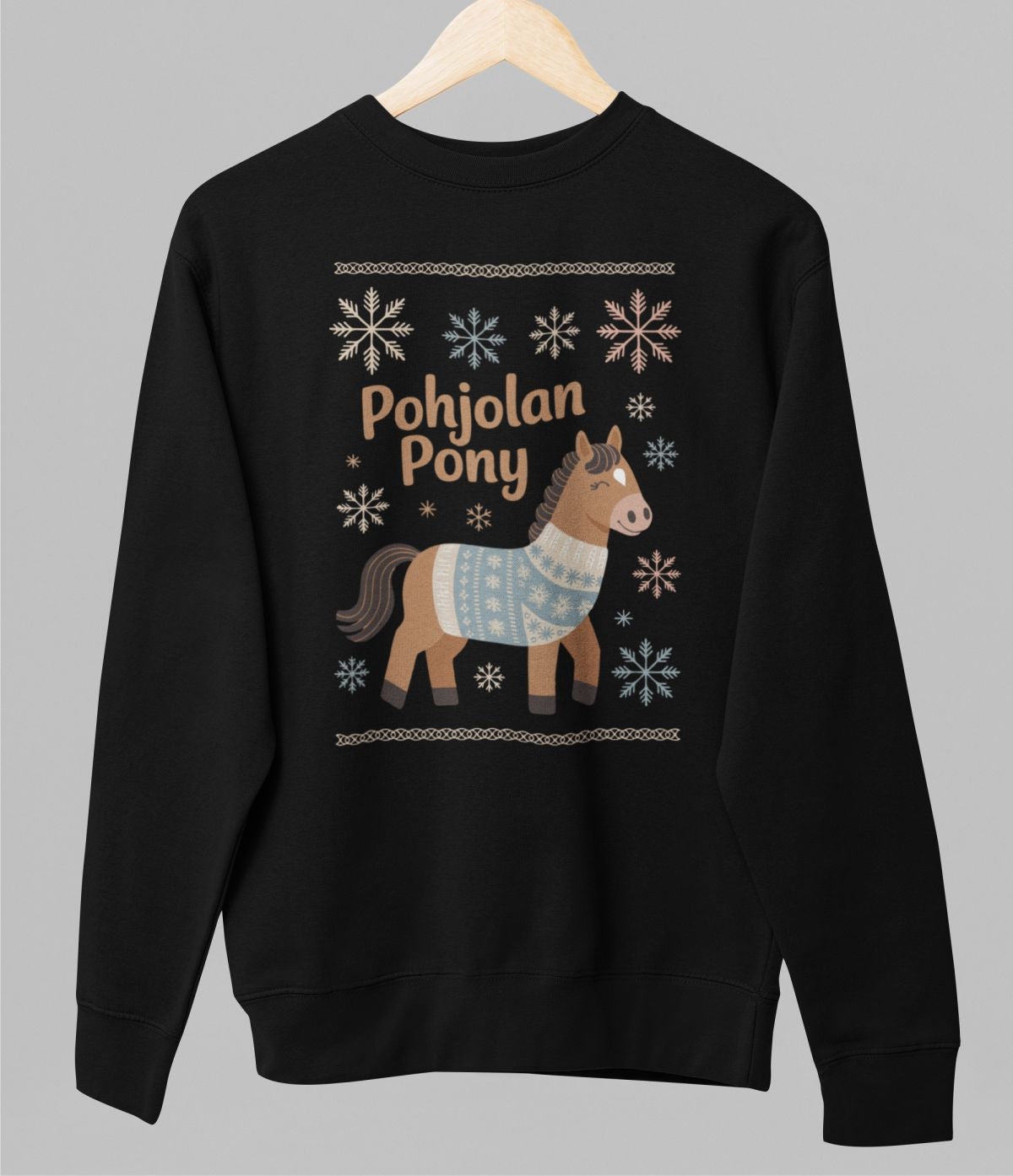 Musta unisex collegepaita "Pohjolan poni"