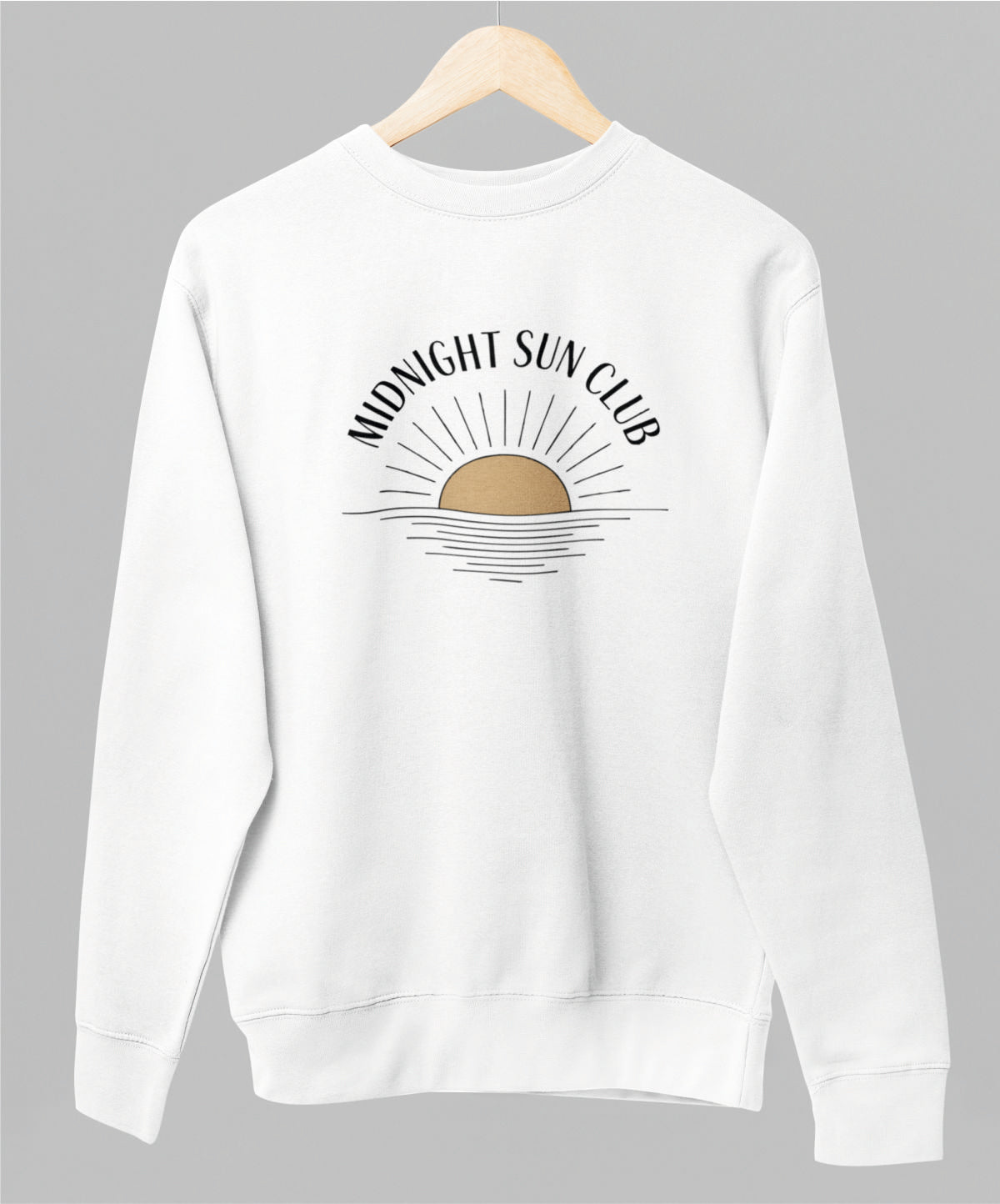 Valkoinen unisex collegepaita "Midnight sun club"