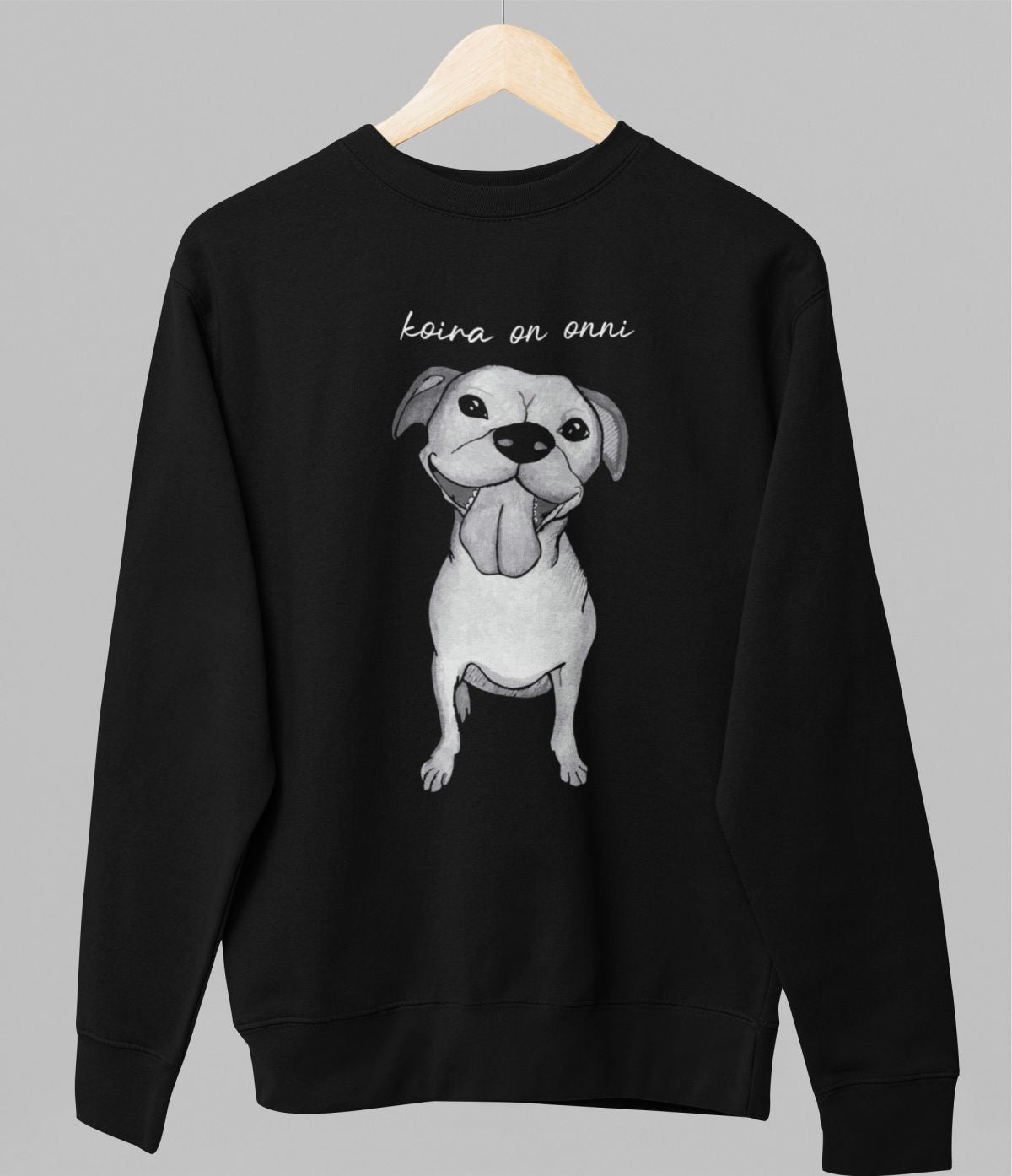 Musta unisex collegepaita "Koira on onni"