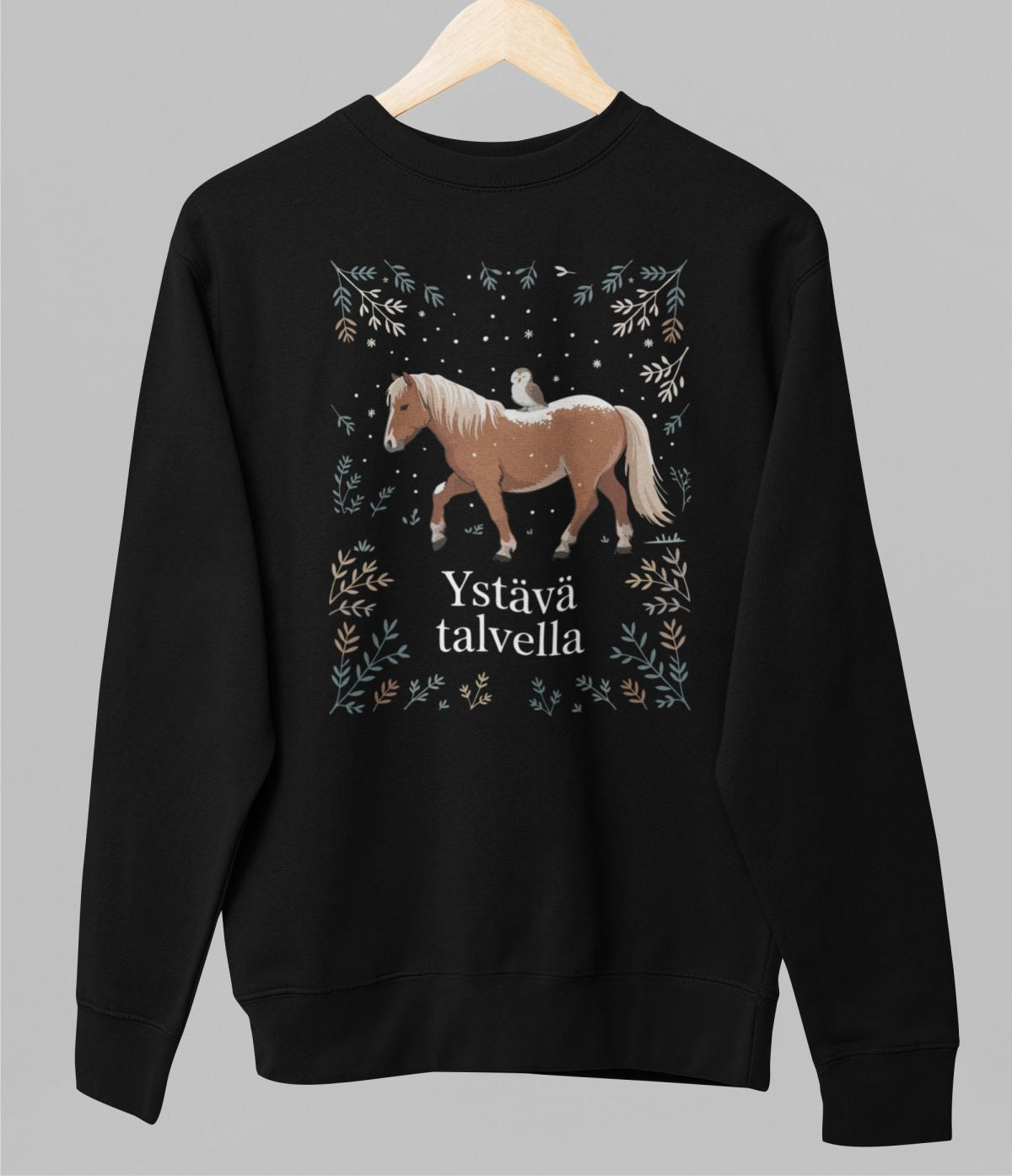 Musta unisex collegepaita "Ystävä talvella"