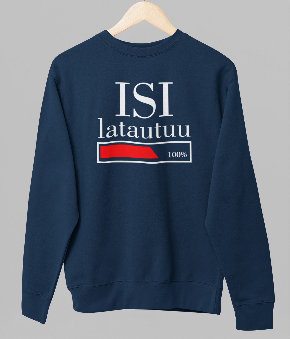 Sininen unisex collegepaita "Isi latautuu"