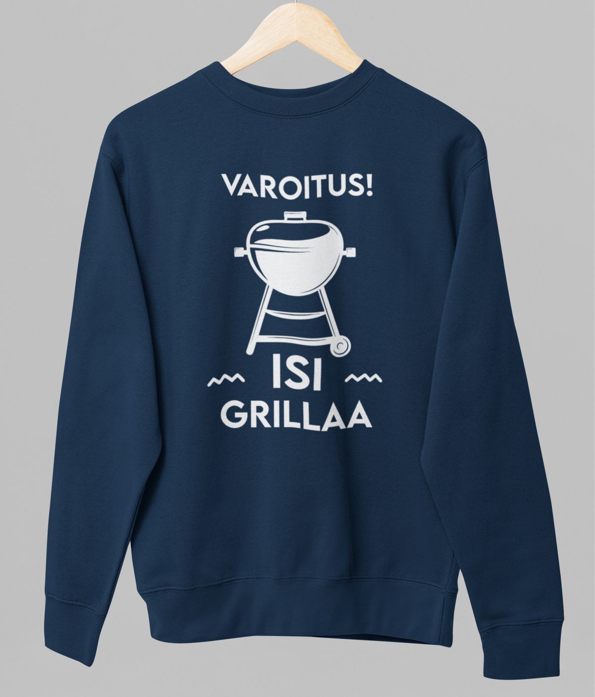 Sininen unisex collegepaita "Varoitus! Isi grillaa"