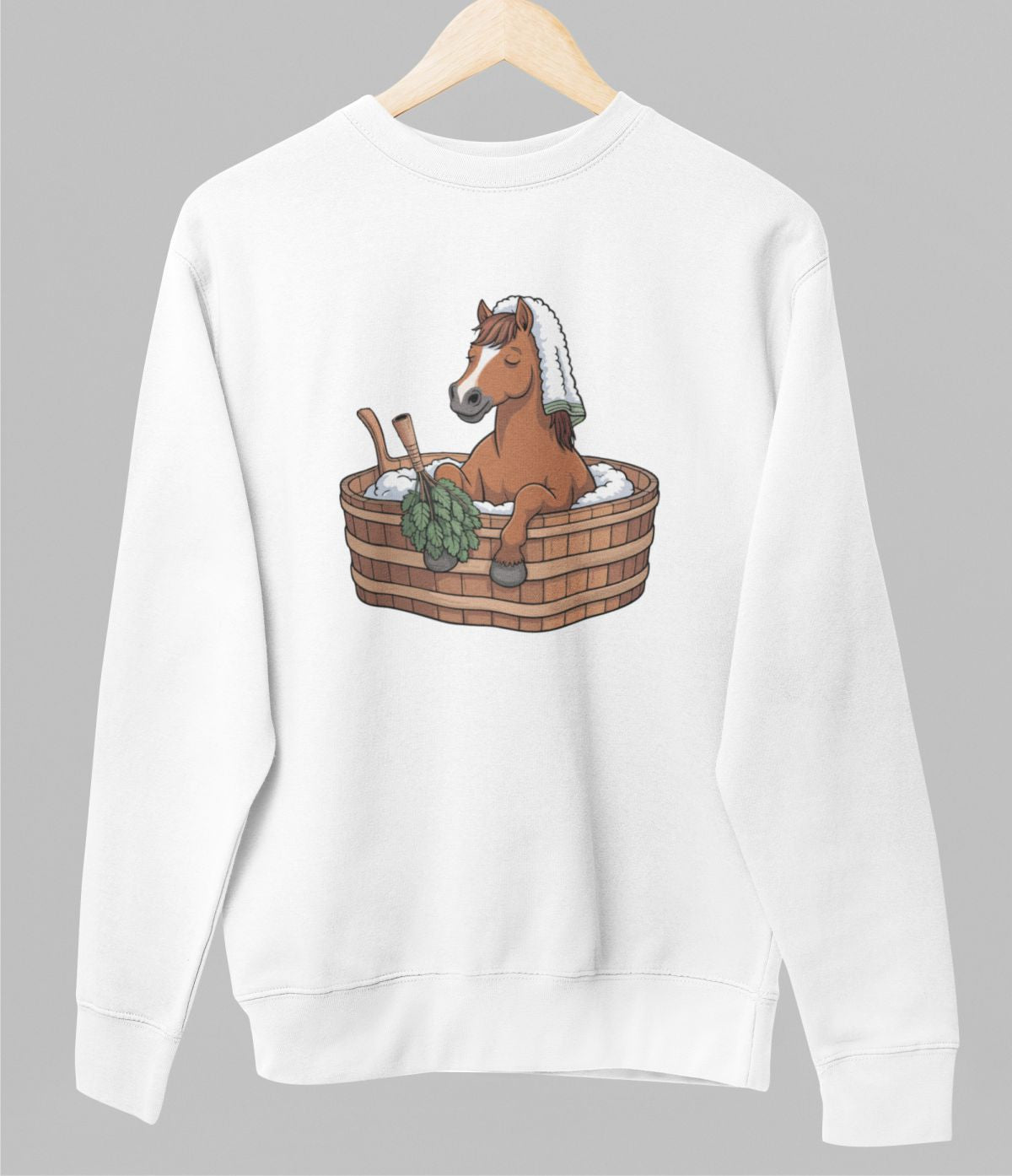 Valkoinen unisex collegepaita "Horse sauna"