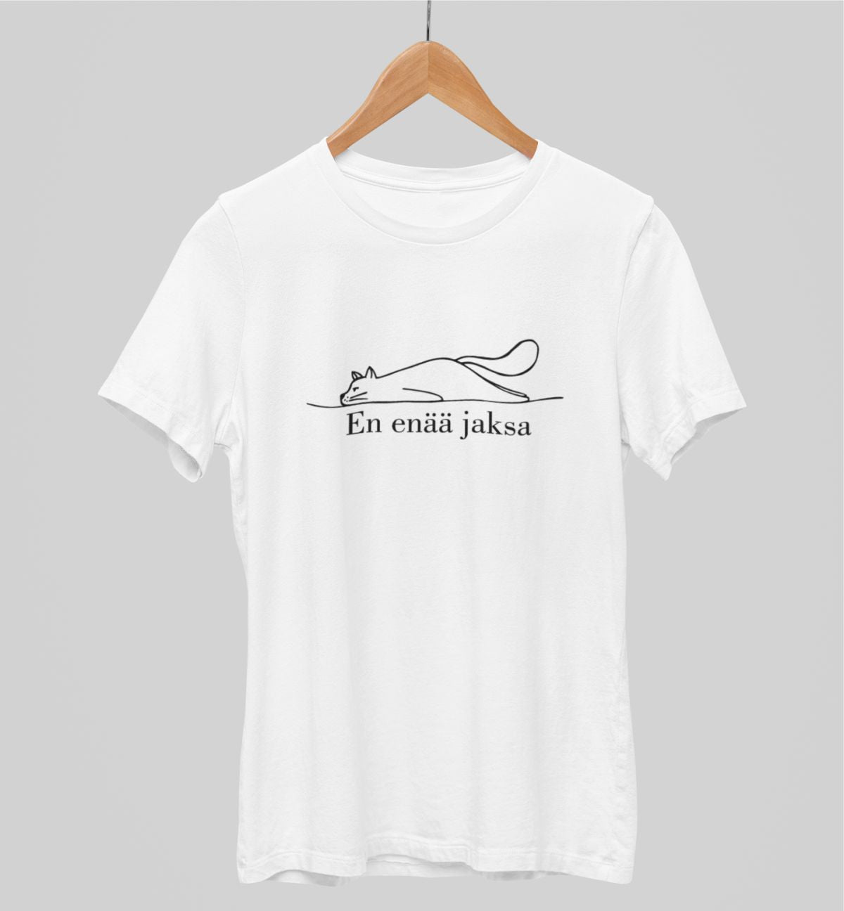 Valkoiset unisex T-paidat "En enää jaksa"
