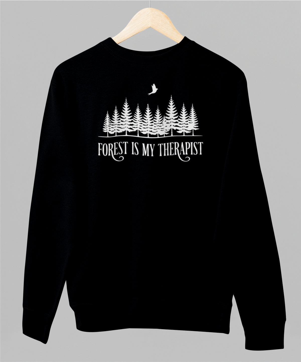 Musta unisex collegepaita "Forest is my therapist"
