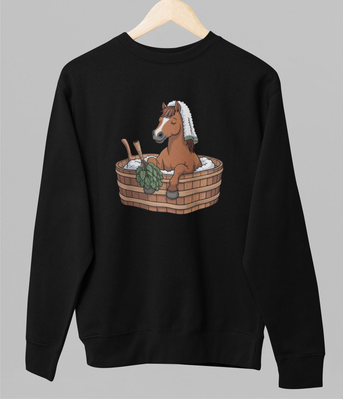 Musta unisex collegepaita "Horse sauna"