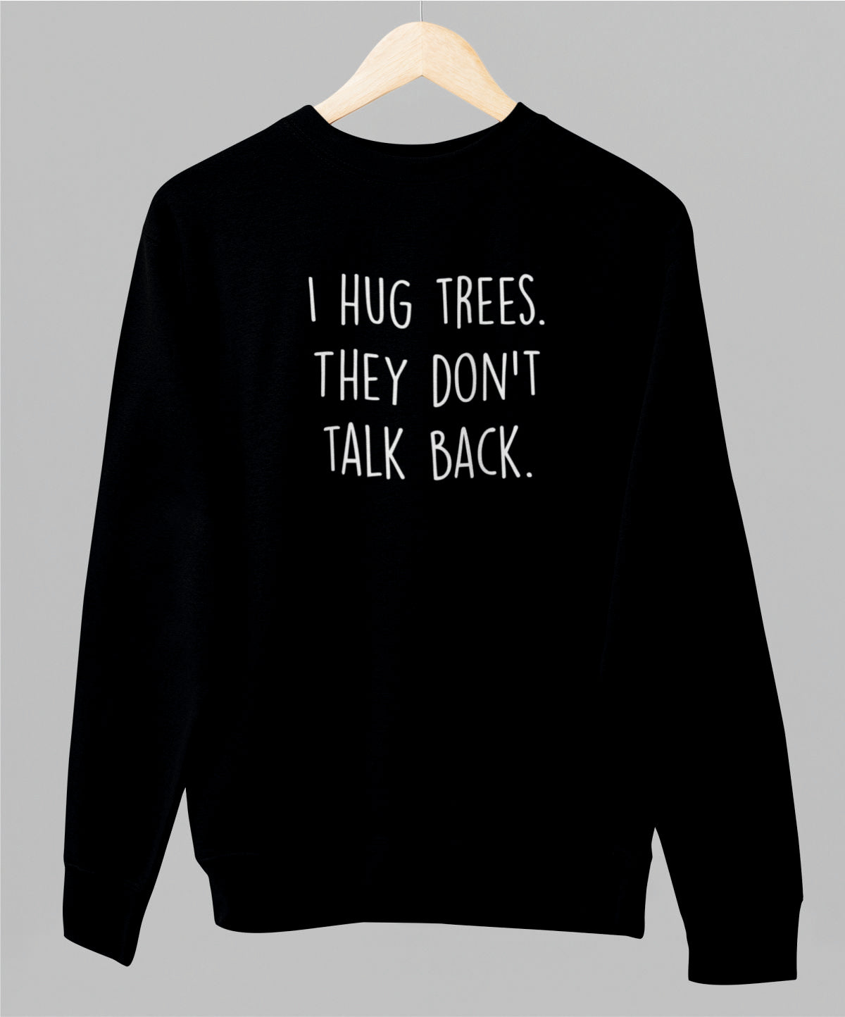 Musta unisex collegepaita "I hug trees"